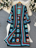 Gwmlk Summer Holiday Beach Long Cardigans Spring Fashion Vintage Floral Knit Cardigan Streetwear Loose Hollow Out Overcoat