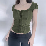 Gwmlk Green Lace Crop Top Trim Square Collar Short Sleeve T Shirt Women Fairycore Balletcore Chic Tee Summer Korean 90s