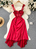 Gwmlk Lace Sexy Camis Party Dress Summer Women Hollow Out Spliced Mesh Irregular Fashion Backless Slim Long Evening Dress