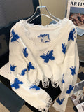 Gwmlk Korean Fashion Graphic Butterfly Knitted Sweater Woman Sweet sized Cropped Tops Off Shoulder Y2K Casual Sweater