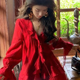 Gwmlk V-neck Ruffles Long Sleeve Tops Women+ Y2k E-Girl High Waist Ruched A-line Skirts Spring New Red Two Piece Sets