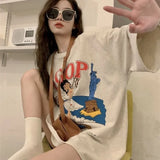 Gwmlk Cartoon Printed T-shirt Women 2024 Spring Summer Mid-length Tee Shirt Y2k Harajuku Half Sleeve Loose Female Tops