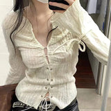 Gwmlk Vintage V-neck Lace Up Shirts Women Spring Sexy Slim Fit White Blusas Mujer Y2k Grunge Long Sleeve Blouses Tops