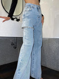 Gwmlk Women's Jeans High Waist Rhinestone Broken Hole Hollow Out Straight Wide Leg Denim Pants 2024 Summer New Fashion 29L2974