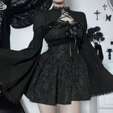 Gwmlk Lace Up Mall Gothic Crop Shrug Tops Grunge Chiffon Flare Sleeve Blouses Female Black Emo Alternative Cover Up