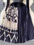 Gwmlk Senior Patchwork Dress Belt Bow Knit Pullover Streetwear Female France Elegant Autumn Long Print Pleated A Line Dress