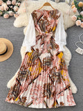 Gwmlk Ethnic Style Print Dress Women Spring New Fashion Puff Sleeve Lace-up Design Sheath 2024 Retro A-Line Long Dress