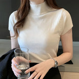 Gwmlk Summer Half Turtleneck Slim Knitted T-shirt Women Elegant Solid Short Sleeve Casual Versatile Pullover Casual Skinny Tops