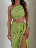 Gwmlk Pieces Sets Women Clothing Elegant Sexy Party Dress Backless Crop Top Slit Maxi Skirt Green Suit for Women