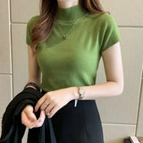 Gwmlk Summer Half Turtleneck Slim Knitted T-shirt Women Elegant Solid Short Sleeve Casual Versatile Pullover Casual Skinny Tops