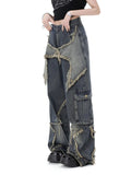 Gwmlk women star stitching tassel pants American retro high street jeans loose wide leg pants trendy punk y2k pants