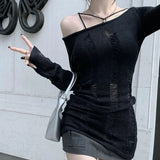 Gwmlk Split Hollow Out Cool Pullover Hole Knit Sweaters Women Dark Black Gothic Lady Sweater Autumn Sexy See Through Pull Jumpers