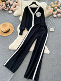 Gwmlk Fashion Knitted Women Suits Single Breasted V Neck Cardigan+Wide Legs Long Pants Autumn High Street Loose Sweater Sets