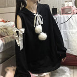 Gwmlk Kawaii Bow Hoodie Sweatshirt Spring E-Girl Off Shoulder Long Sleeve Sweatshirts Y2k Grunge Mid-length Tops Women