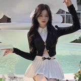 Gwmlk Two Piece Lapel Neck Long Sleeve Knitted Tops Women+ Y2k E-Girl High Waist Ruched Skirts 2024 Spring New Sets