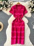 Gwmlk Short Sleeves Striped Long Dress Lapel Neck Hollow Out Slim Bodycon Sundress Fashion Hotsweet Knitted Beach Midi Dress