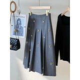 Gwmlk Trend New Beading Skirt for Women Korean Chic High Waist Ruched Gray Skirts Y2k E-Girl Mid-length A-line Faldas Mujer