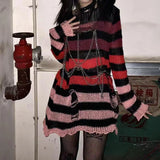 Gwmlk Gradient Striped Gothic Sweaters Women Ripped Holes Loose Knitted Pullover Frayed Fairy Grunge Jumpers Emo Streetwear