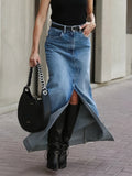 Gwmlk Solid Distressed Denim Skirt High Waist Femme Straight Maxi Skirts 2024 Summer Classic Casual Chic Fashion Women Falda