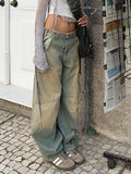 Gwmlk Aesthetic Y2K Washed Burr Cargo Jean Female Pockets Harajuku 2000s Pockets Denim Pants Straight Leg Trousers