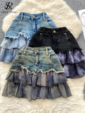 Gwmlk Fashion Sexy Mini Skirt Women Chiffon Ruffled Edge Patchwork Denim Skirts American Vintage A Line Hotsweet Skirt