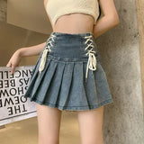 Gwmlk Chic Blue Denim Skirt for Women 2024 Summer New High Waist A-line Skirts Y2k E-Girl Drawstring Bow Faldas Mujer