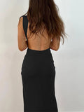 Gwmlk Backless Wrapped Slit Bodycon Dress for Women Summer Elegant Fashion Sleeveless Deep V Neck Twist Ruched Long Tank Dress