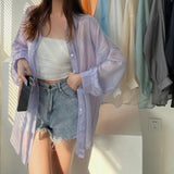Gwmlk Women Shirt Long Sleeve Top Blouse Female Chiffon Loose Summer Cardigan Thin Sexy Solid Color Casual Shirt Outerwear §±§â§à§٧â§ѧé§ߧѧñ