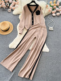 Gwmlk Fashion Knitted Women Suits Single Breasted V Neck Cardigan+Wide Legs Long Pants Autumn High Street Loose Sweater Sets