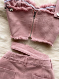 Gwmlk Denim Pink Sexy Women Sets Zipper Sashes Button Pocket Irregular Strapless Backless Top Denim Skirt Two Piece Set