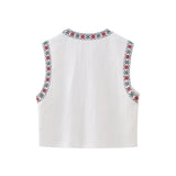 Gwmlk Autumn New Women's Garden Flower Totem Embroidered Vest Boho Holiday Wind Thin Cotton Linen Waistcoat Crop Top