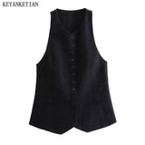 Gwmlk New Launch Women's Back Belt Decoration Black Vest Crop Top Unisex style Single Breasted Slim Thin Waistcoat Coat