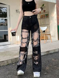 Gwmlk Broken Hole Jeans All-Match Distressed Women High Street Hip Hop High Waist Straight Loose Trousers Y2k Washed Mopping Pants