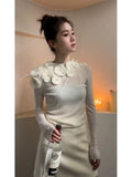 Gwmlk Chinese Style O-neck Flower Beading Tops Women Spring Slim Fit White Pullovers Y2k E-Girl Long Sleeve Sweater Mujer