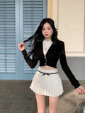 Gwmlk Two Piece Lapel Neck Long Sleeve Knitted Tops Women+ Y2k E-Girl High Waist Ruched Skirts 2024 Spring New Sets