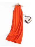 Gwmlk New Fashion Women Sleeveless O Neck Linen Long Dress Sexy Side Slits Ladies Casual Summer Dresses