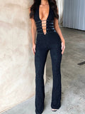 Gwmlk Sexy Mesh Deep V Bodycon Lace Jumpsuit Rompers Women Summer Party Club Outfits Cross Backless 1Piece Overalls Flare Pant