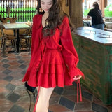 Gwmlk V-neck Ruffles Long Sleeve Tops Women+ Y2k E-Girl High Waist Ruched A-line Skirts Spring New Red Two Piece Sets