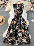 Gwmlk Ethnic Style Print Dress Women Spring New Fashion Puff Sleeve Lace-up Design Sheath 2024 Retro A-Line Long Dress