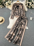 Gwmlk Winter Knitted Print Sets Women O Neck Long Sleeve Knitwear+Wide Leg Long Pants Fashion Retro Sweater Two Pieces Suits