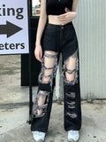 Gwmlk Broken Hole Jeans All-Match Distressed Women High Street Hip Hop High Waist Straight Loose Trousers Y2k Washed Mopping Pants