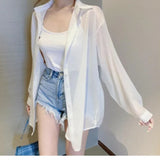 Gwmlk Sunscreen Shirt Women 2024 Summer Clothes Fashion Bandage Blouses Elegant Loose Long Sleeve See Through White Tops