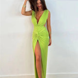 Gwmlk Backless Wrapped Slit Bodycon Dress for Women Summer Elegant Fashion Sleeveless Deep V Neck Twist Ruched Long Tank Dress