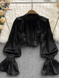 Gwmlk High Quality Satin Loose Shirt Long Flared Sleeves Ruffles O Neck Beading Women Gentle Office Lady Casual Blouse