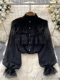 Gwmlk Spring Women Blouse 2024 New Ruffles Lantern Sleeves Single Breasted Sweet Shirt Fashion Flods Lace Loose Chiffon Tops