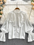 Gwmlk High Quality Satin Loose Shirt Long Flared Sleeves Ruffles O Neck Beading Women Gentle Office Lady Casual Blouse