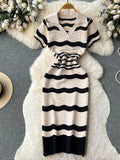 Gwmlk Short Sleeves Striped Long Dress Lapel Neck Hollow Out Slim Bodycon Sundress Fashion Hotsweet Knitted Beach Midi Dress