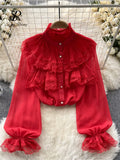 Gwmlk Spring Women Blouse 2024 New Ruffles Lantern Sleeves Single Breasted Sweet Shirt Fashion Flods Lace Loose Chiffon Tops