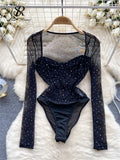 Gwmlk 2024 New Spring Diamonds Bodysuits American Long Sleeve Slim Skinny Playsuits Female Sexy Perspective Mesh Rompers