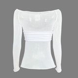 Gwmlk See Through Mesh Women T-shirt White Off Shoulder Long Sleeve Ruched T-shirt Female Spring Skinny Casual Streetwear